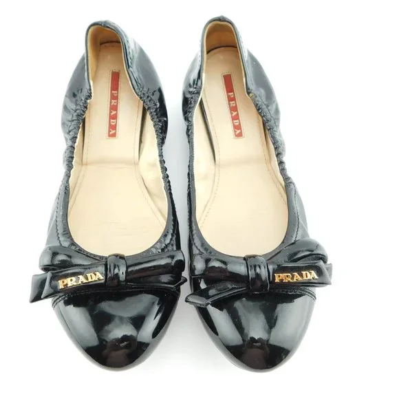 PRADA Logo Bow Black Patent Leather Ballet Flats 37.5 - Picture 2 of 7